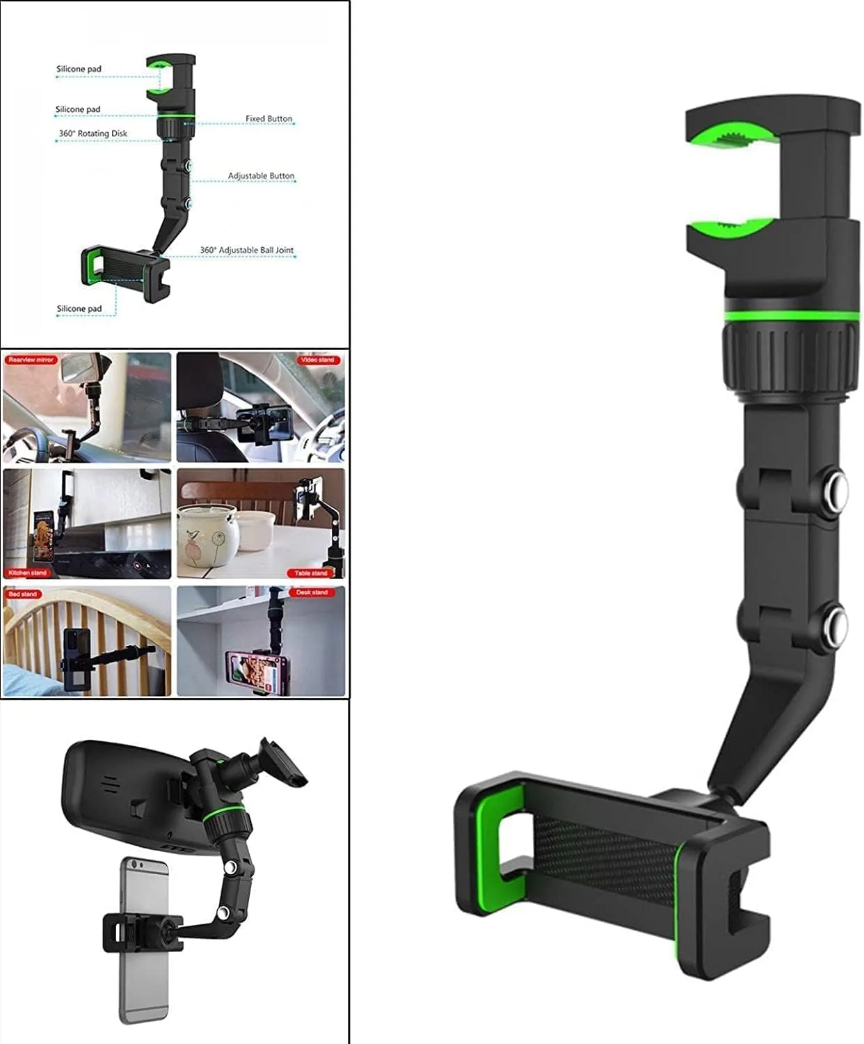 360° Rearview Mirror Phone Holder - Universal Car Phone and GPS Mount, 360° Rotating Car Rearview Mirror Mount, Adjustable, Easy Installation, Compatible with All Smartphones